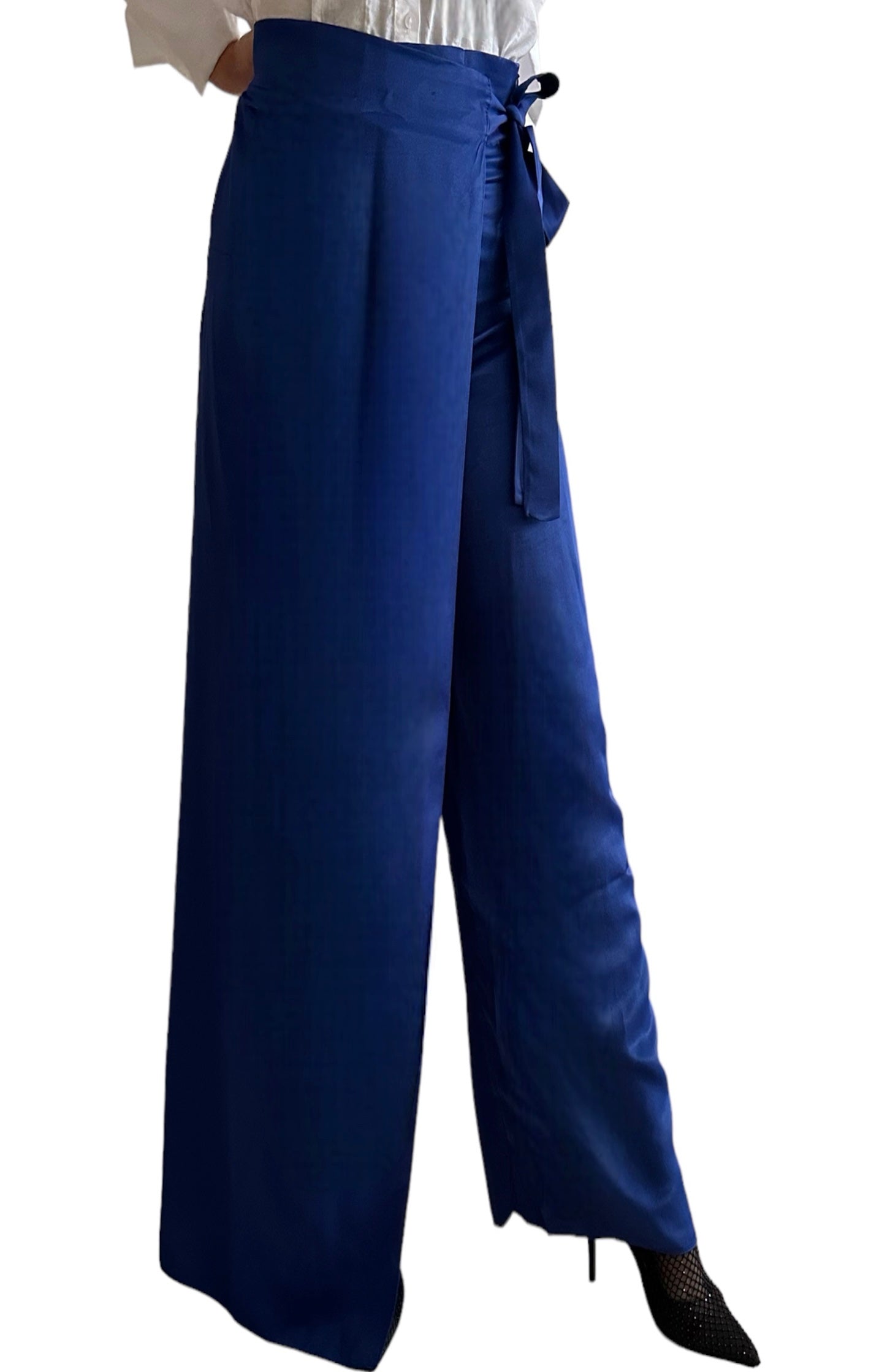 22 pantalon jupe long satiné en bleu roi